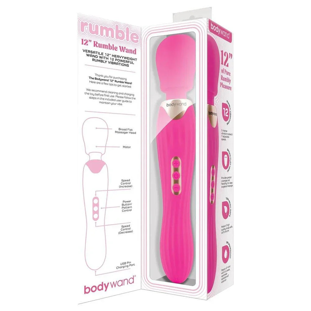 Bodywand 12 inch Rumble Wand in Hot Pink in its open-front box with feature diagram
