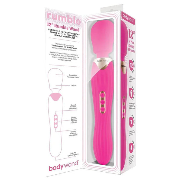Bodywand 12 inch Rumble Wand in Hot Pink in its open-front box with feature diagram