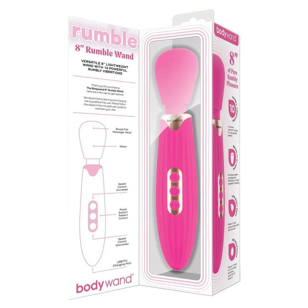 Bodywand 8 inch Rumble Wand in Hot Pink in its open-front box with feature diagram