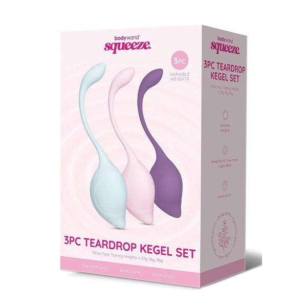 Bodywand Squeeze 3-piece Teardrop Kegel Set box, mint, pink and purple weights