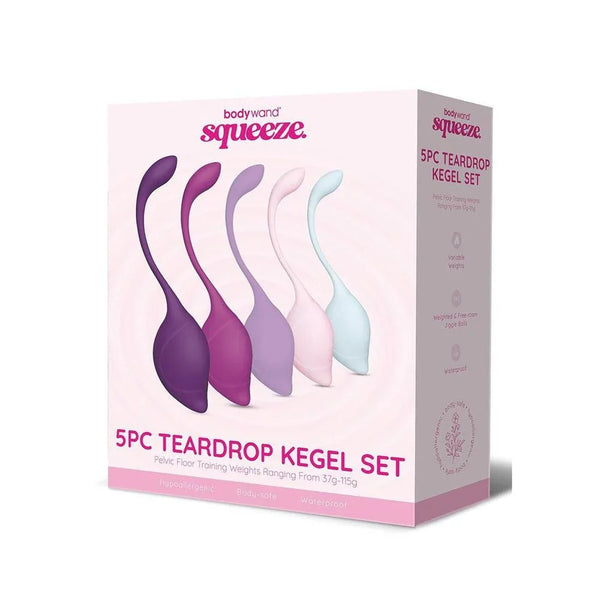 Bodywand Squeeze 5-piece Teardrop Kegel Set box, graduated pastel weights