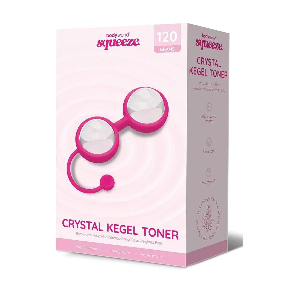 Bodywand Squeeze Crystal Kegel Toner box showing glass balls in a pink silicone cradle