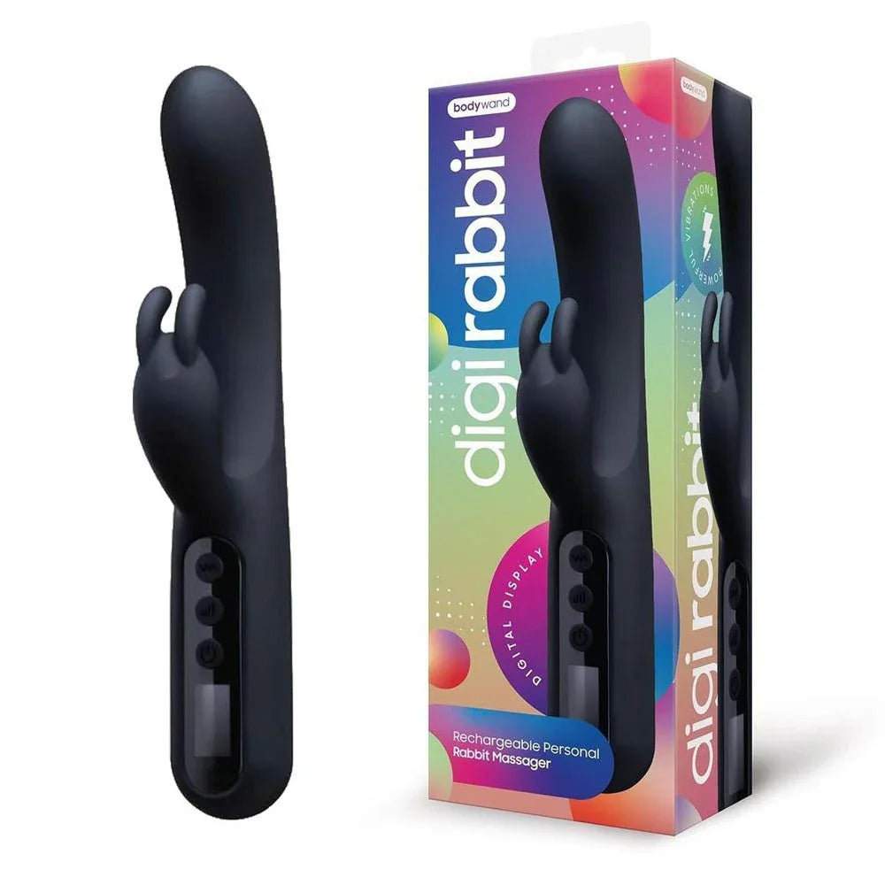 Bodywand Digi Rabbit in Black with digital display, beside its rainbow box