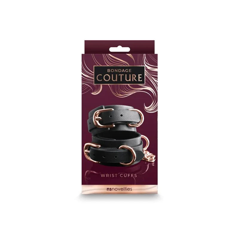 Bondage Couture wrist cuffs retail box in burgundy, black cuffs pictured on the front