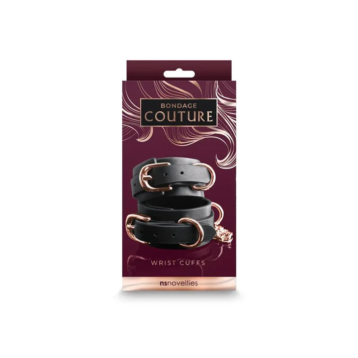 Bondage Couture wrist cuffs retail box in burgundy, black cuffs pictured on the front