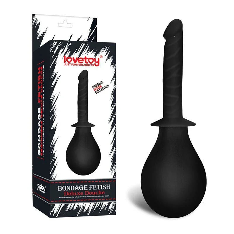 Lovetoy Bondage Fetish Deluxe Douche in Black, bulb and nozzle, beside its retail box