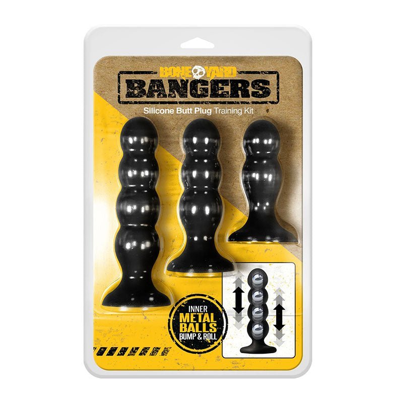 Boneyard Bangers - Black Silicone Butt Plug Training Kit – Sex toys NZ by Naughtyhut. Discreet delivery nationwide.