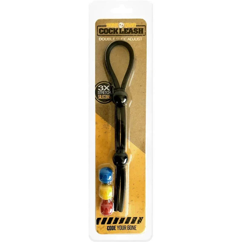 Boneyard Cock Leash Double in Black on its kraft blister card with colour sliders