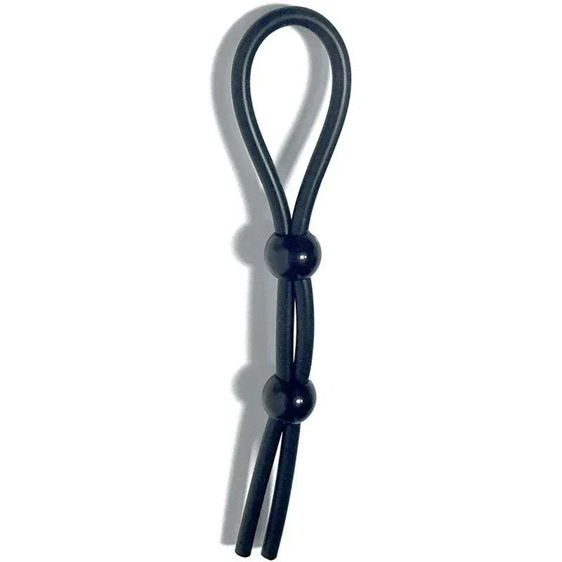 Boneyard Cock Leash Double in Black, looped lasso with two sliders, on white