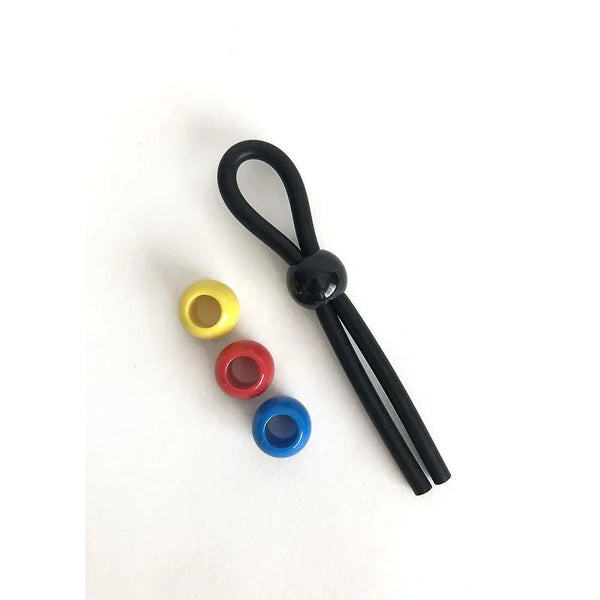 Boneyard Cock Leash Single in Black with yellow, red and blue slider beads