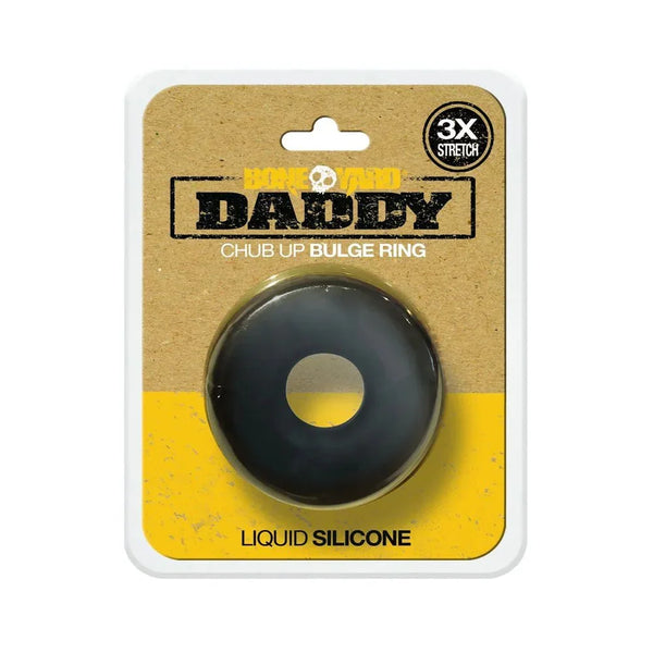 Bone Yard Daddy Chub Up Bulge Ring in black, liquid silicone, 3x stretch feature.