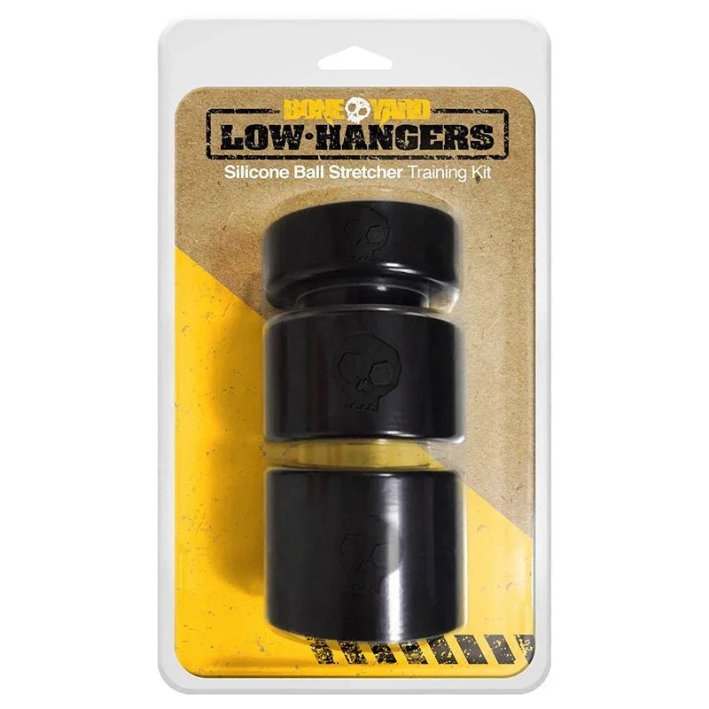 Boneyard Low Hangers ball stretcher training kit, three black weights on the card