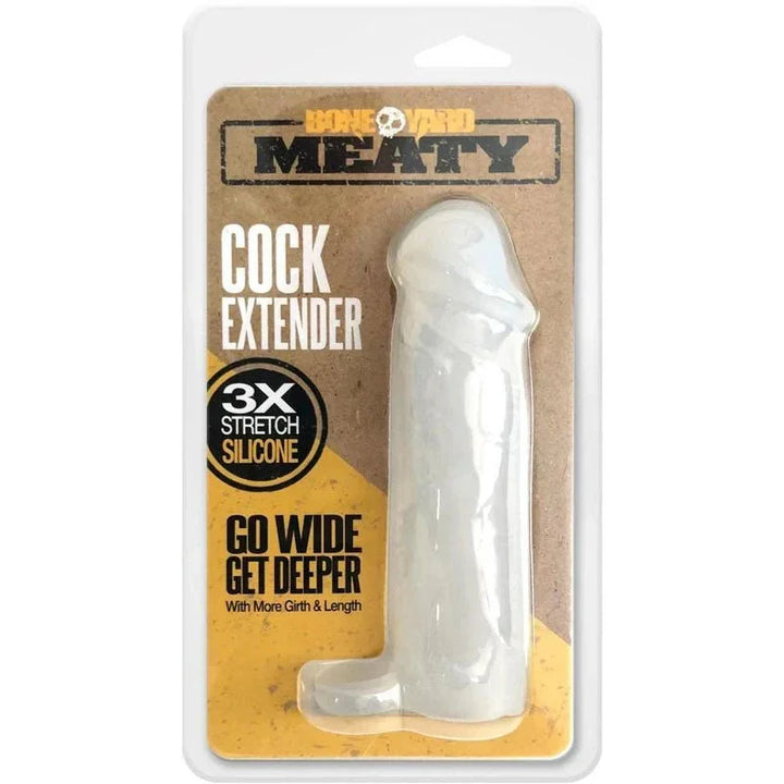 Boneyard Meaty Cock Extender in Clear on its kraft blister card