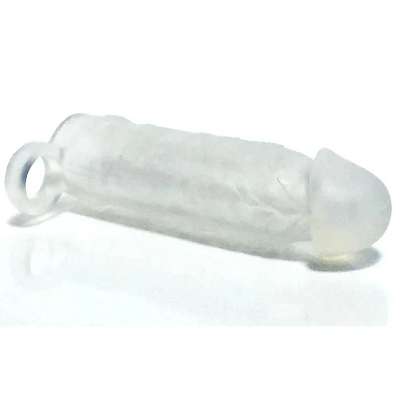 Boneyard Meaty Cock Extender in Clear lying down, ball loop at the left