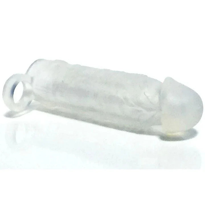 Boneyard Meaty Cock Extender in Clear lying down, ball loop at the left