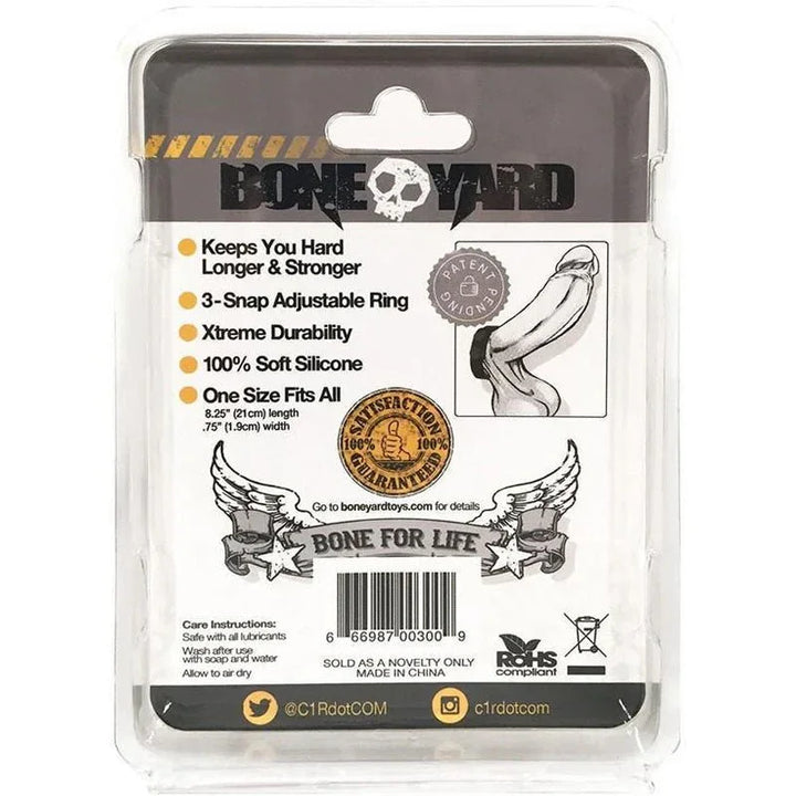 Boneyard Cock Strap packaging back with features list and barcode