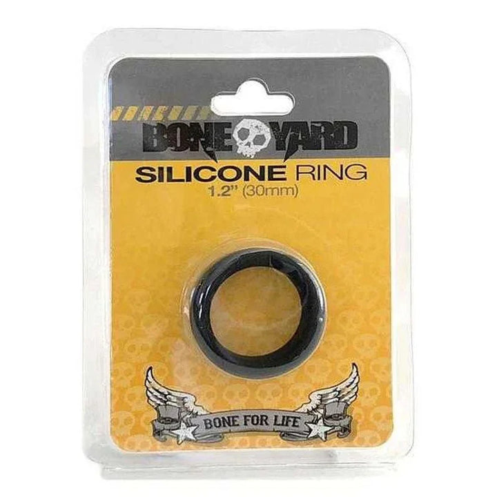 Boneyard Silicone Ring 30 mm in Black, sealed in its yellow blister card