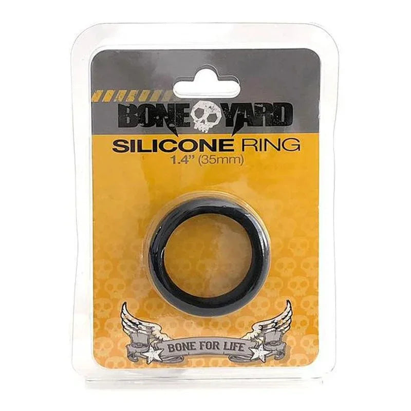 Boneyard Silicone Ring 35 mm in Black, sealed in its yellow blister card