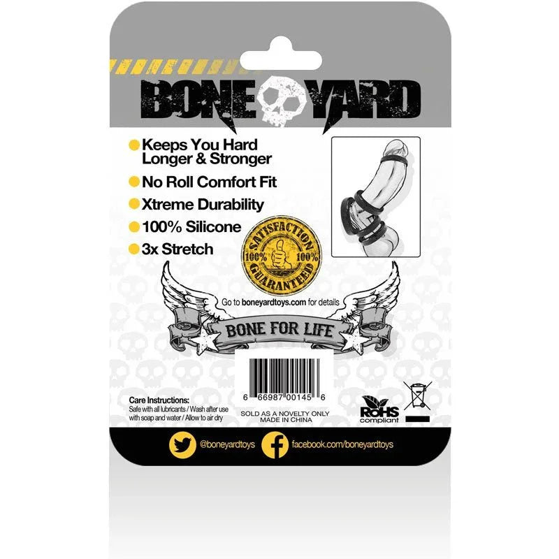 Boneyard cock ring in black, 100% silicone, 3x stretch for comfort fit.