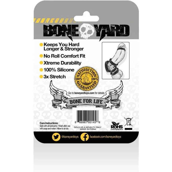 Boneyard cock ring in black, 100% silicone, 3x stretch for comfort fit.