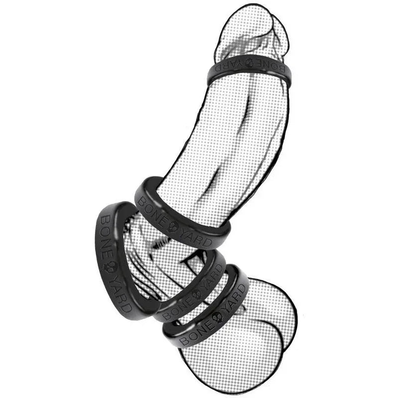 Bone Yard cock rings in black, silicone, stretchy fit for enhanced sensation.