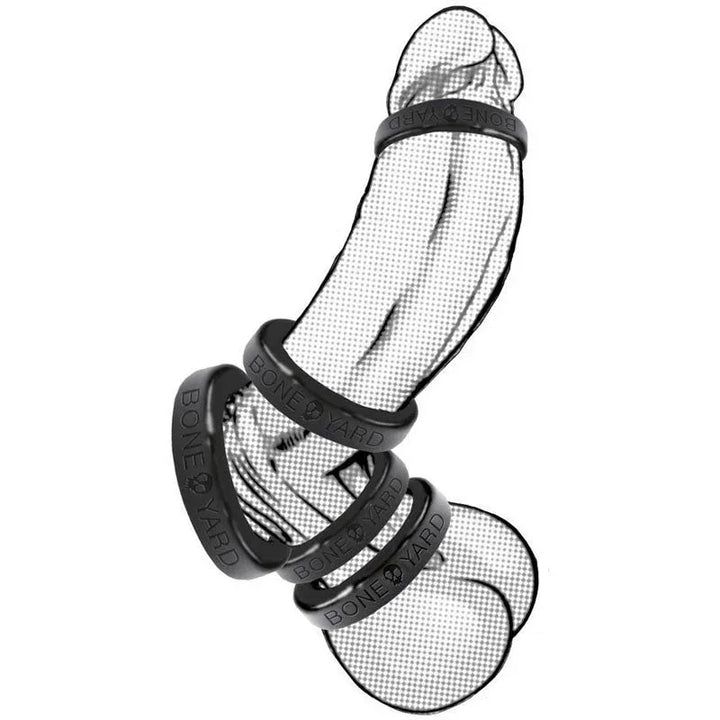 Bone Yard cock rings in black, silicone, stretchy fit for enhanced sensation.