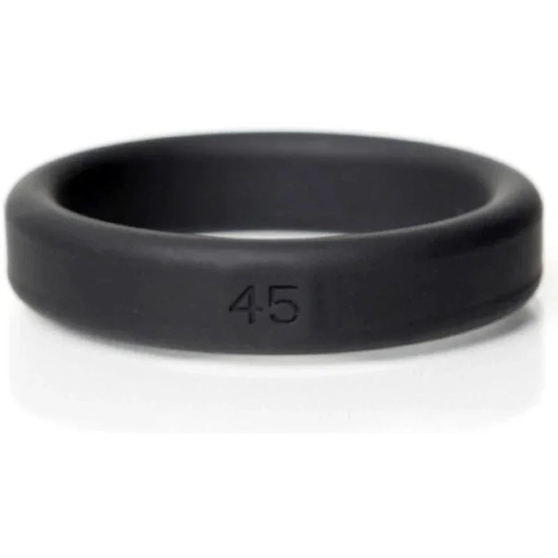 Black silicone cock ring with engraved size 45, smooth finish, body-safe material.