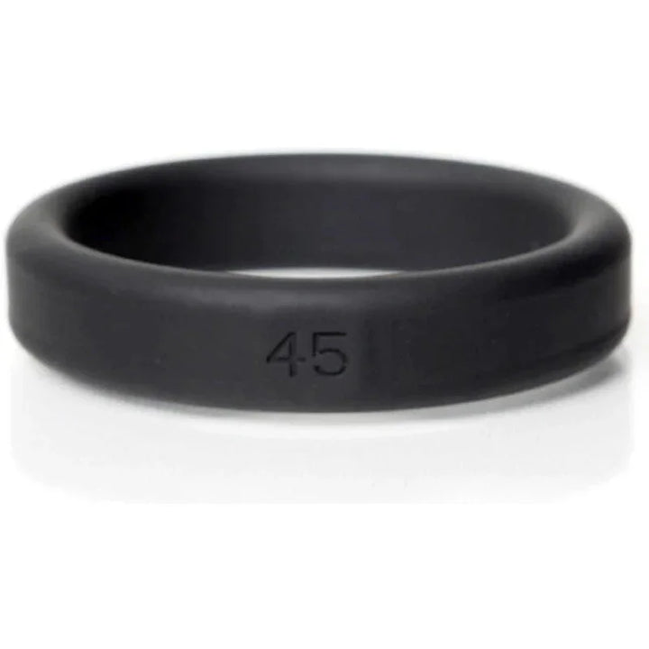 Black silicone cock ring with engraved size 45, smooth finish, body-safe material.
