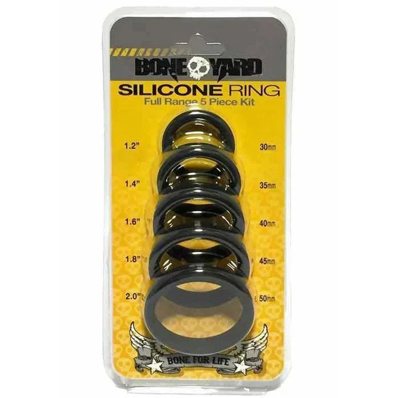 Bone Yard Silicone Ring 5-piece kit in black, body-safe silicone, assorted sizes for fit.