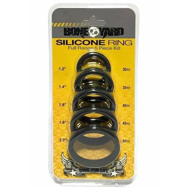 Bone Yard Silicone Ring 5-piece kit in black, body-safe silicone, assorted sizes for fit.
