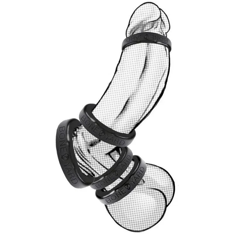 Boneyard Silicone Ring illustration of three rings worn on shaft and balls, angled