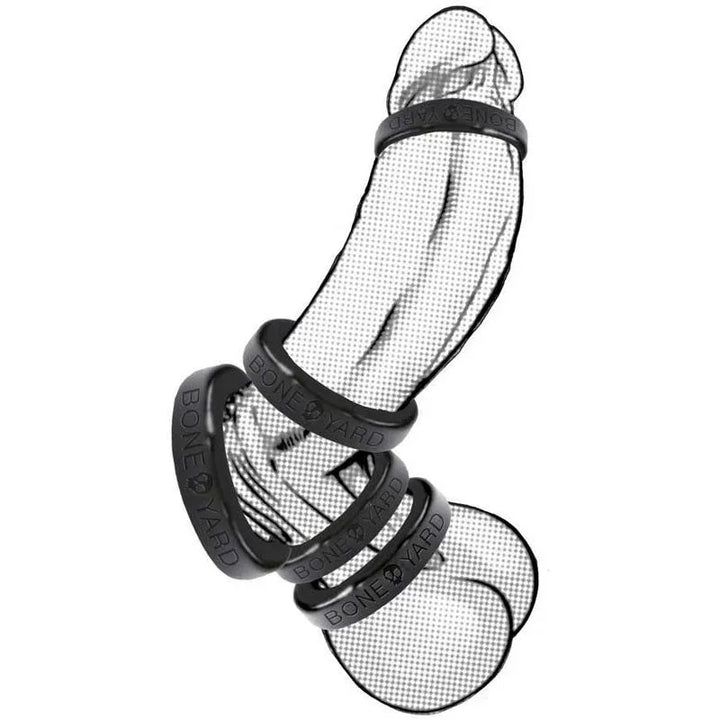 Boneyard Silicone Ring illustration of three rings worn on shaft and balls, angled
