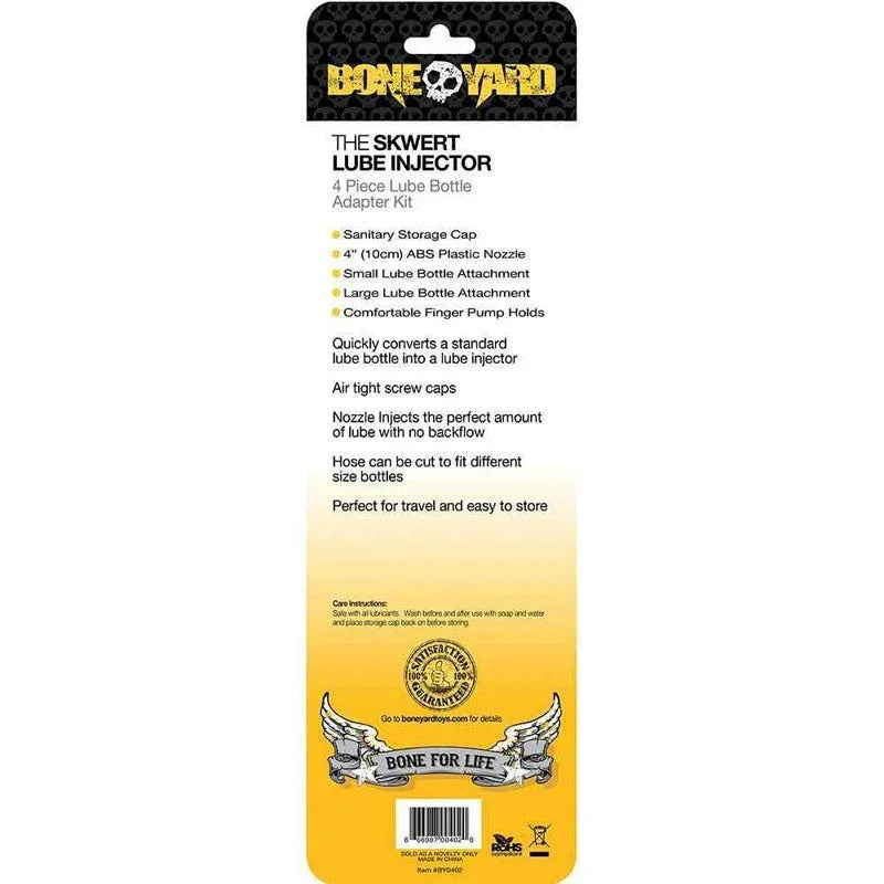 Boneyard Skwert Lube Injector packaging back listing the 4-piece kit