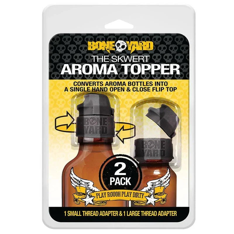 Bone Yard The Skwert Aroma Topper in black, silicone, converts bottles to flip top, 2-pack with small & large adapters.