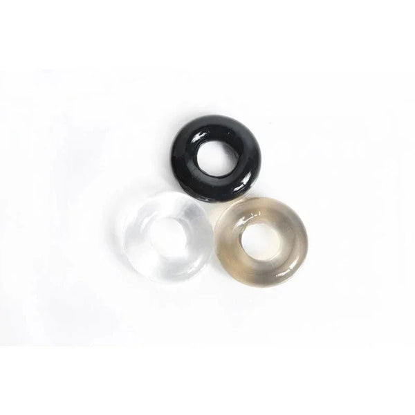 Boneyard Triple Play cock rings: black, clear and smoke donut rings