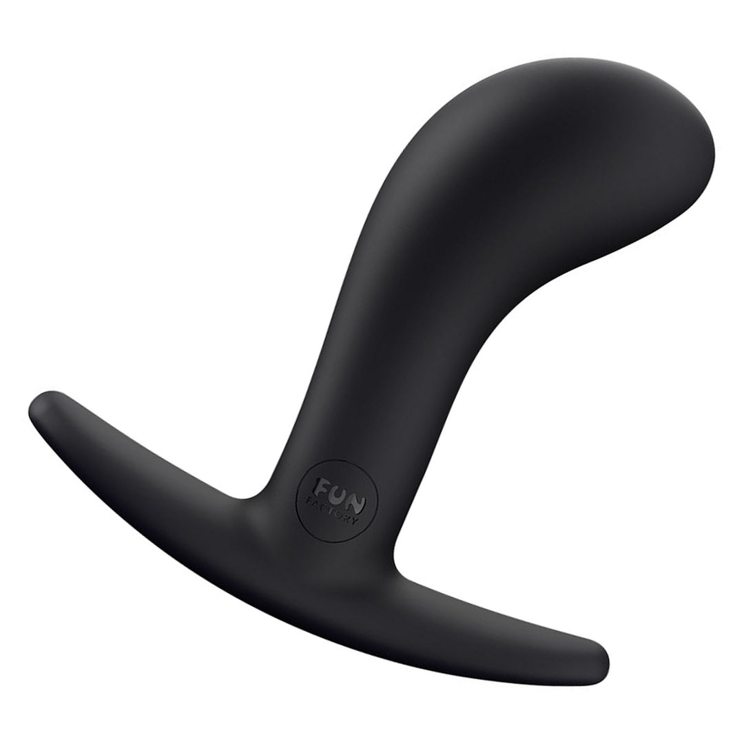 Fun Factory Bootie M in Black, angled view of the bulbed plug