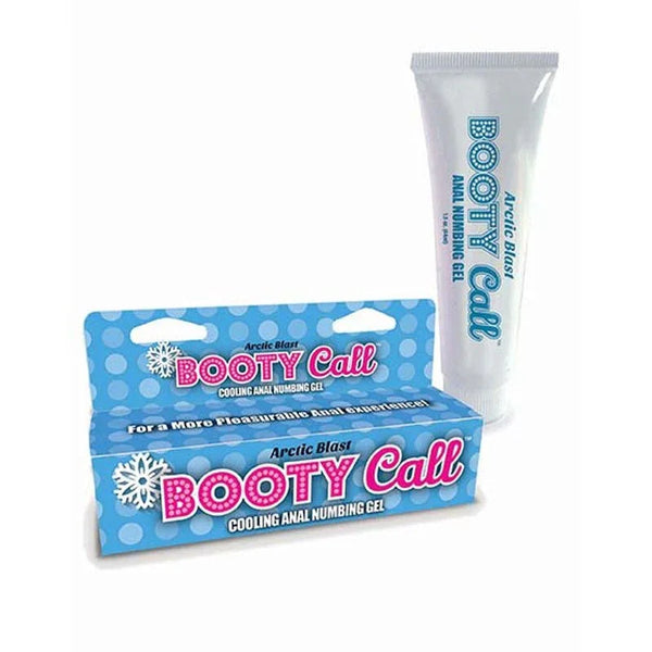 Booty Call Arctic Blast Cooling Anal Numbing Gel in blue packaging, water-based formula for comfort.