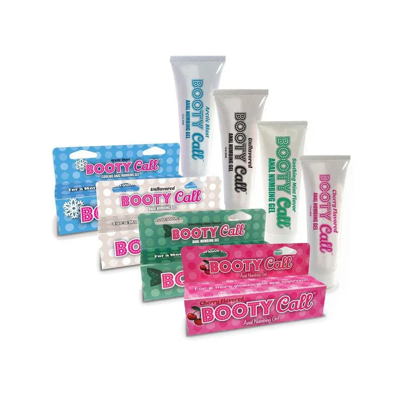 Booty Call Anal Numbing Gel in assorted flavours, water-based formula, discreet packaging.