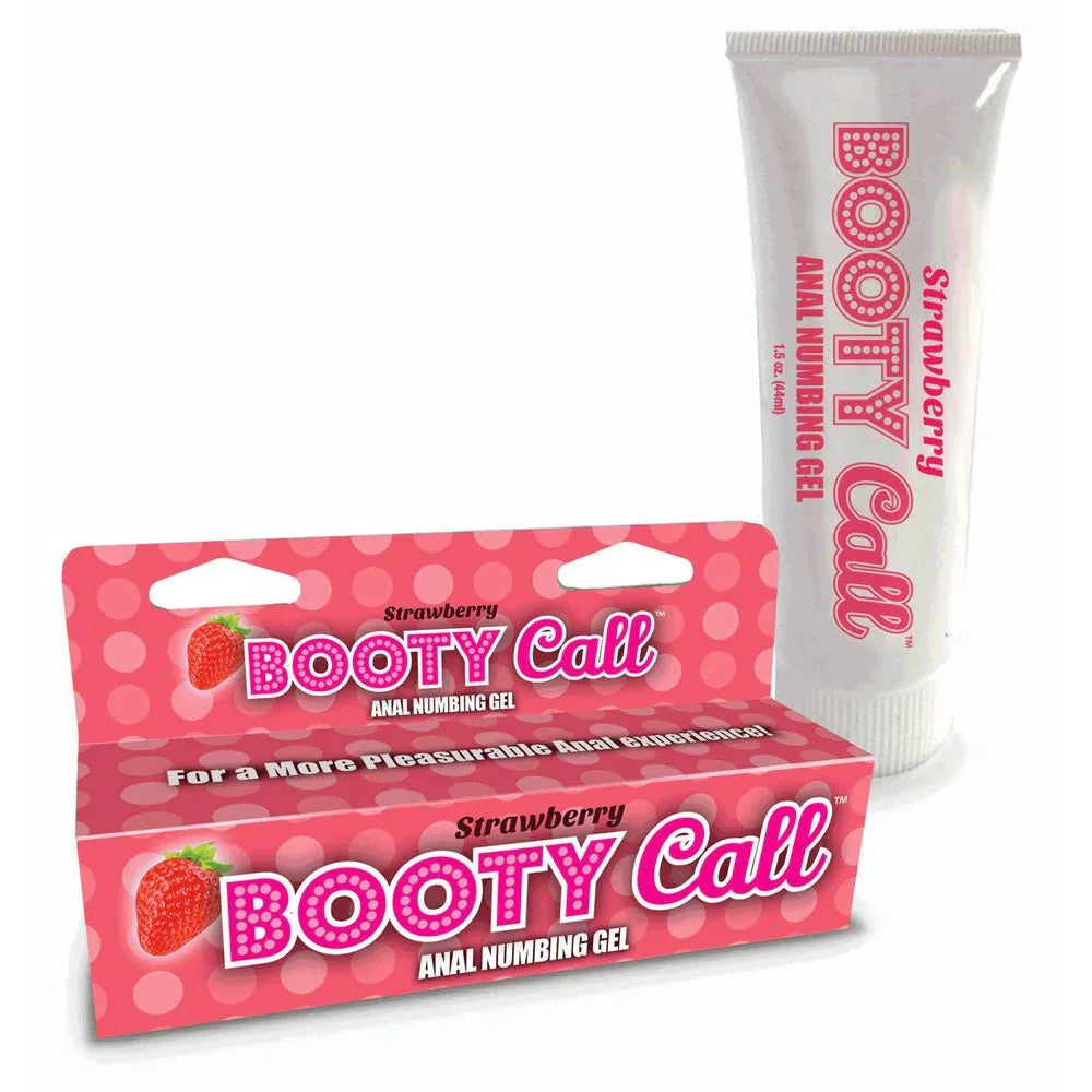 Booty Call Strawberry anal numbing gel, pink carton with the white tube behind