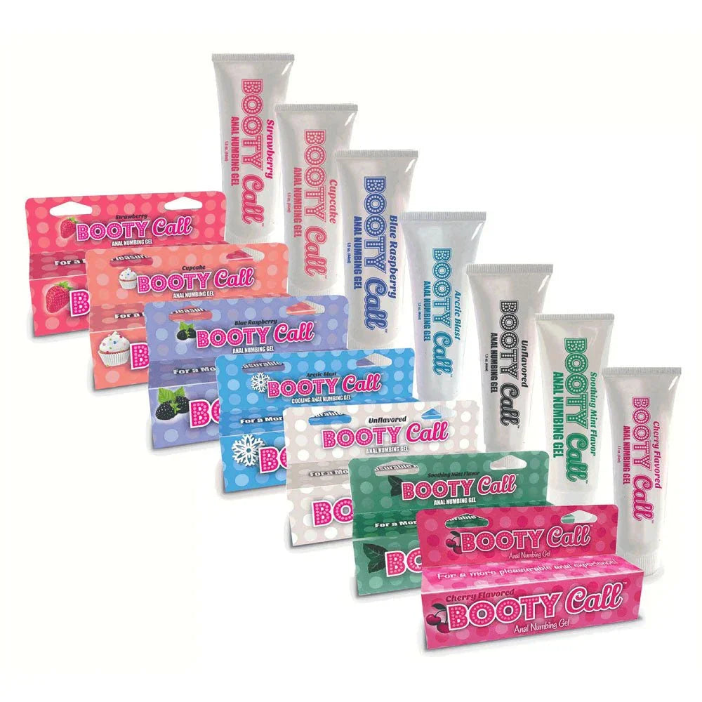 Booty Call anal numbing gel range, cartons and tubes across eight flavours
