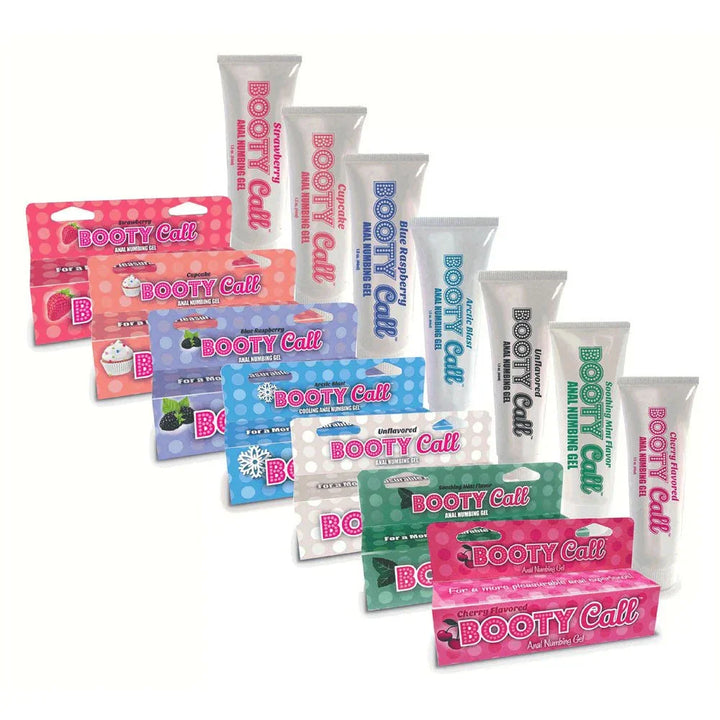 Booty Call anal numbing gel range, cartons and tubes across eight flavours