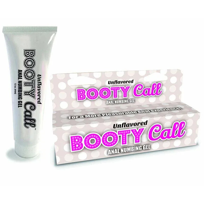 Booty Call Unflavored Anal Numbing Gel in white tube, silicone-based, for sensitive skin use.