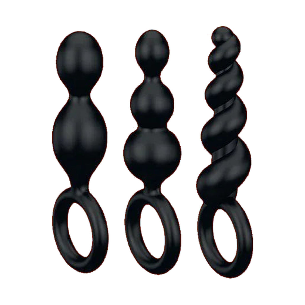 Satisfyer Booty Call butt plug set of 3 in black, showing the two-bead, three-bead and twisted shapes with pull rings