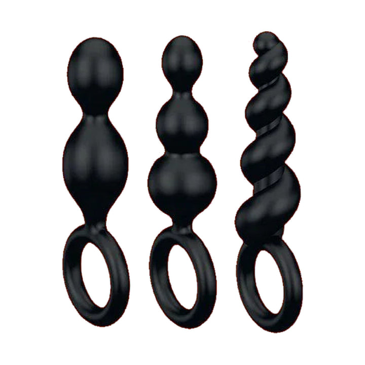 Satisfyer Booty Call butt plug set of 3 in black, showing the two-bead, three-bead and twisted shapes with pull rings