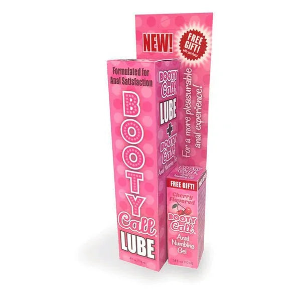 Booty Call Lube Duo carton in pink, bundling the anal lube with a numbing gel gift