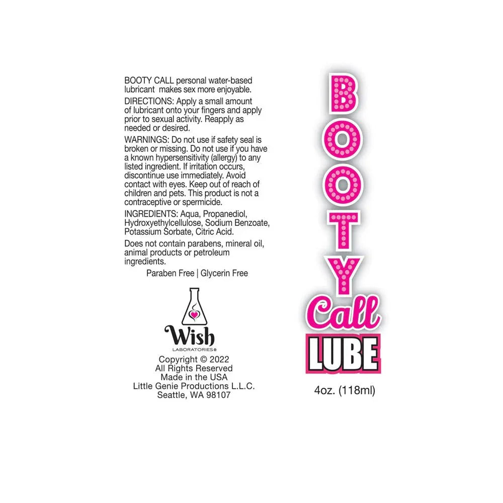 Booty Call Lube label artwork flat, with directions, warnings and ingredients