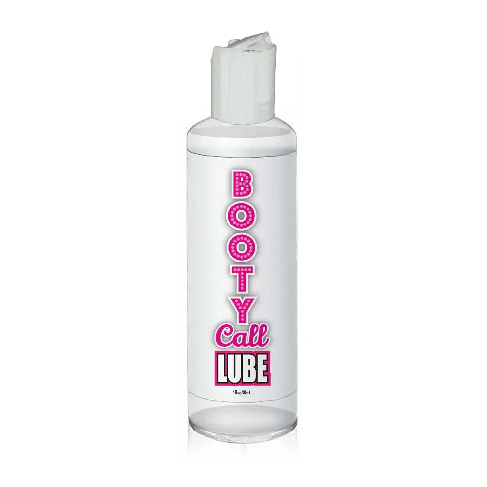 Booty Call Lube, clear 120 ml bottle with pink lettering and a flip cap