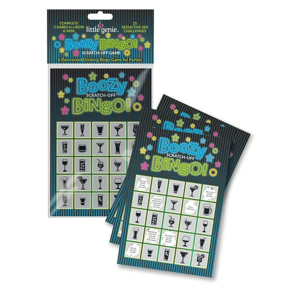 Boozy Bingo scratch-off cards, blue and green pack with three drinking bingo cards