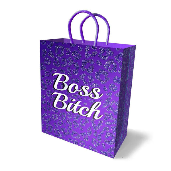 Boss Bitch novelty gift bag in purple with silver glitter print and purple handles