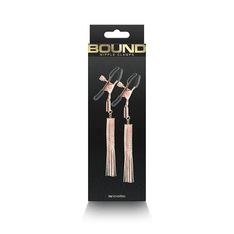 Bound nipple clamps retail box in black, rose gold clamps and tassels pictured